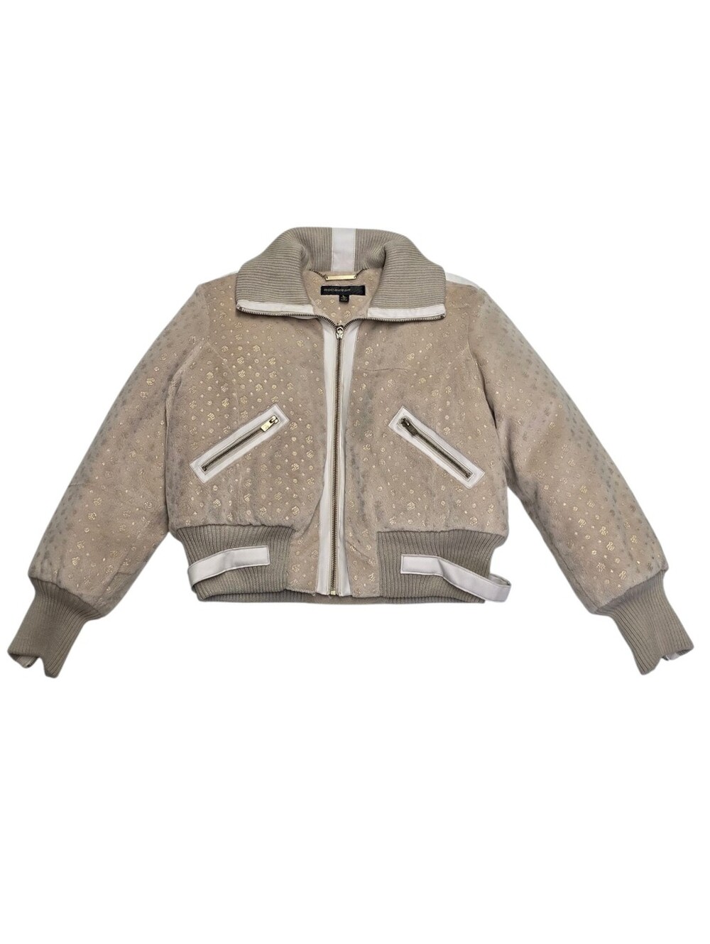 Vintage Y2K Rocawear Fuzzy Bomber Jacket Tan & Gold Monogram Print Size Large